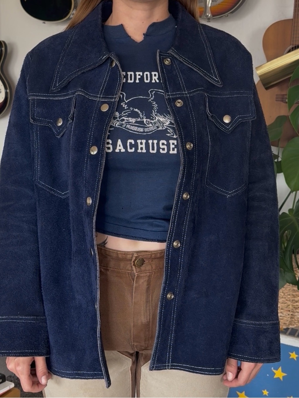 Navy Suede Button-Up Jacket
